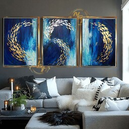 ست تابلو  سه تکه نقاشی رنگروغن مدرن  ورقطلا دریا و ماهی  طلایی با قاب 