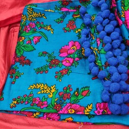 شال اصل موهر پاکستانی گل درشت رنگ آبی فیروزه ای سیر