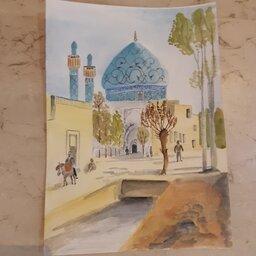 نقاشی آبرنگ طرح مسجد مدرسه چهار باغ اصفهان