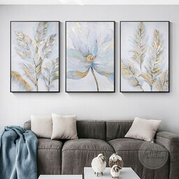 تابلو نقاشی سه تیکه مدرن گل و برگ رنگ روغن و ورقطلا ابعاد کلی 150 در 70