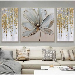 تابلو نقاشی سه تکه گل و ریسه شکوفه برجسته ورق طلا  تماما کار دست ابعاد130در 70 