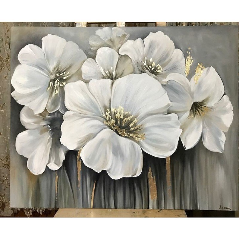 تابلو نقاشی گل سفید مدرن تکنیک رنگ روغن در ابعاد  70در 100
