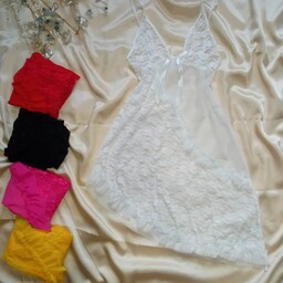 لباس خواب تور دانتل کج سایز 36 تا 42 سفید قرمز صورتی مشکی زرد دارای شورت ست لامبادا