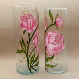 گلدان شیشه ای نقاشی شده با تکنیک ویترای طرح گل پیونی 