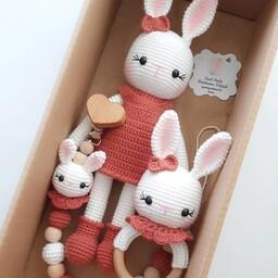 ست جغجغه  دندونی  بندپستونک و عروسک آغوشی مدل خرگوش