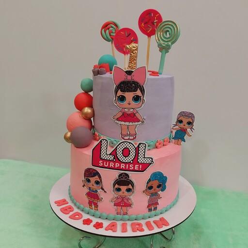 کیک تولدخونگی با تم لول lol دخترونه دو طبقه به وزن  وزن 2400 کیلوگرم ( فیلینگ نوتلا و موز و گردو)