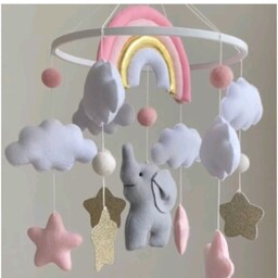 اویز نمدی سقف اتاق نوزاد طرح فیل و رنگین کمان جذاب(دستشاز)