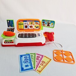 صندوق فروشگاهی اسباب بازی خارجی(چین) مدل cashier desck. باتری خور ، به همراه چهار عدد سکه و چهار عدد اسکناس