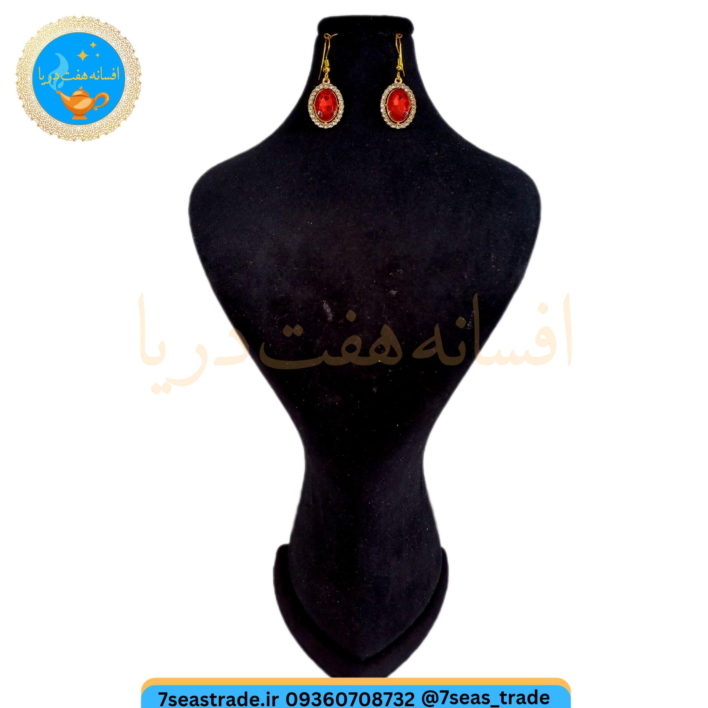 گوشواره زنانه طلایی کریستال بیضی دور نگین شاین مدل یاقوت سرخ
