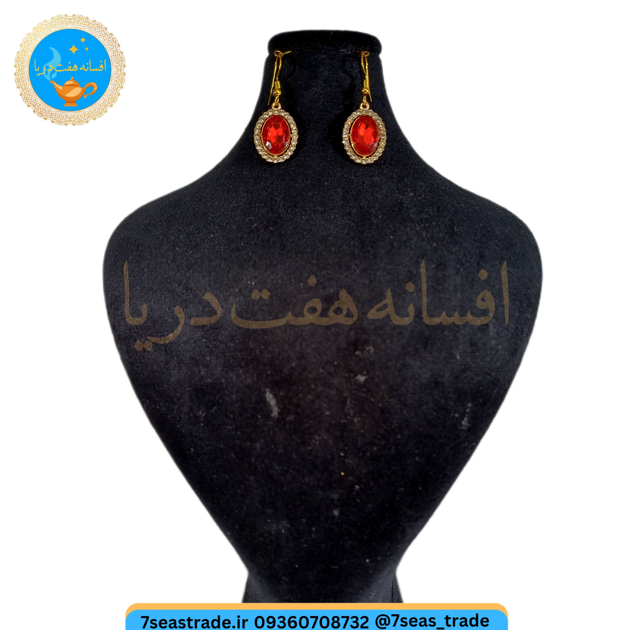 گوشواره زنانه طلایی کریستال بیضی دور نگین شاین مدل یاقوت سرخ
