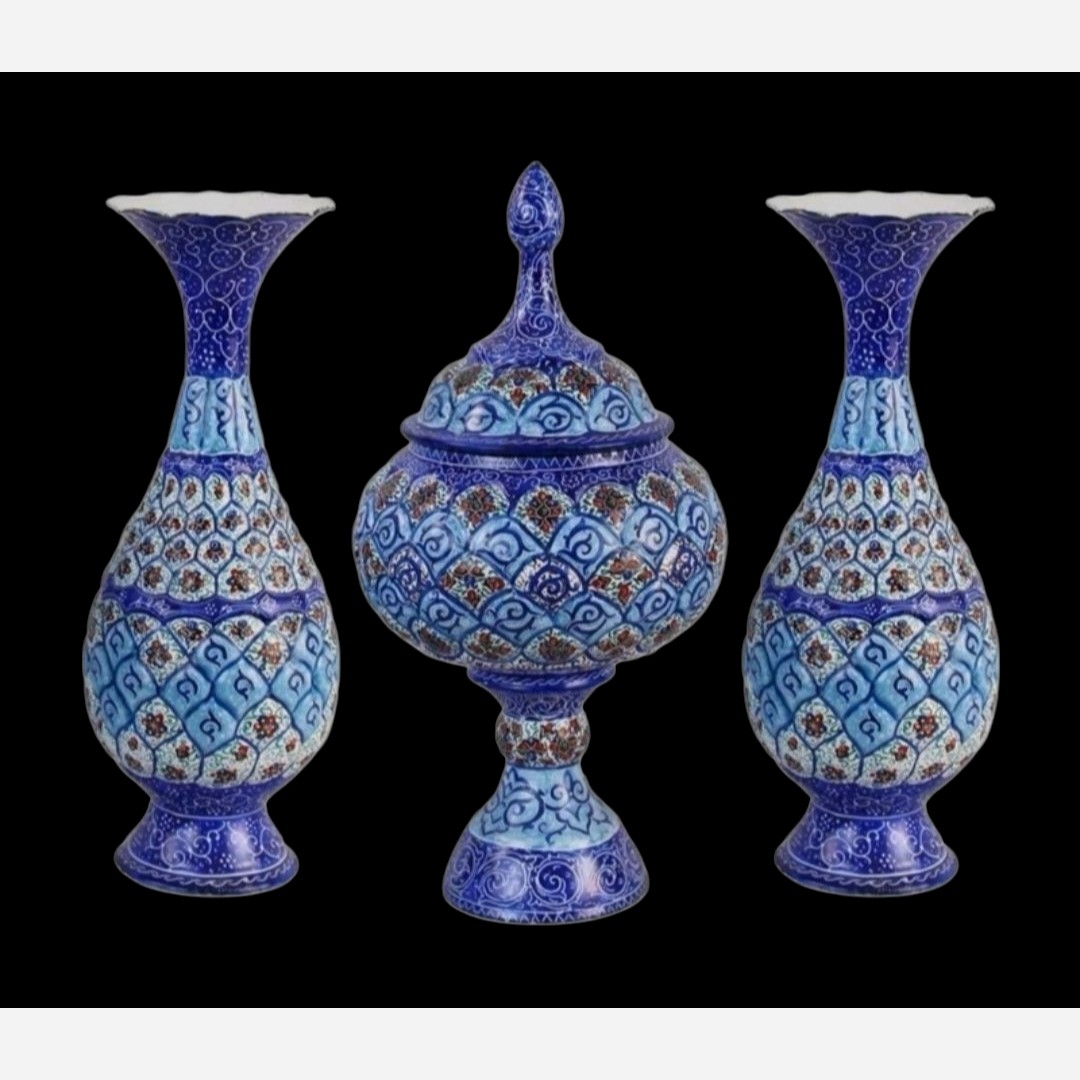ست 3 تکه شکلات خوری و گلدان میناکاری مسی مدل  شمس