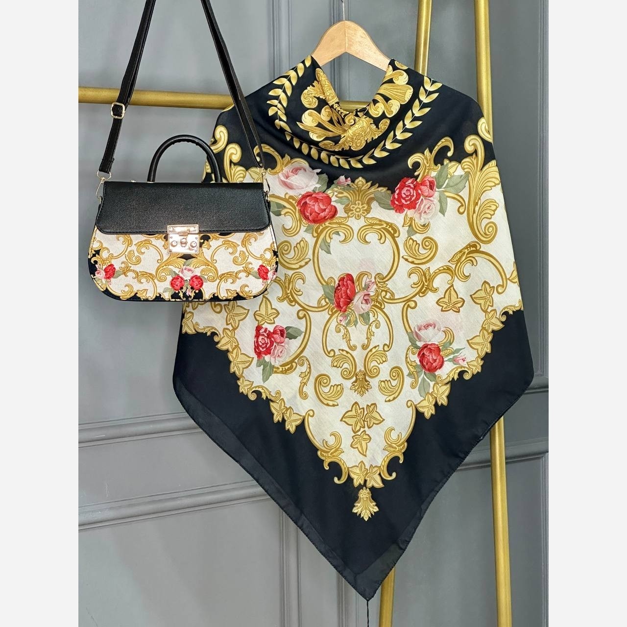 ست کیف روسری/ کیف شال رز فرفرورژه مشکی طلایی