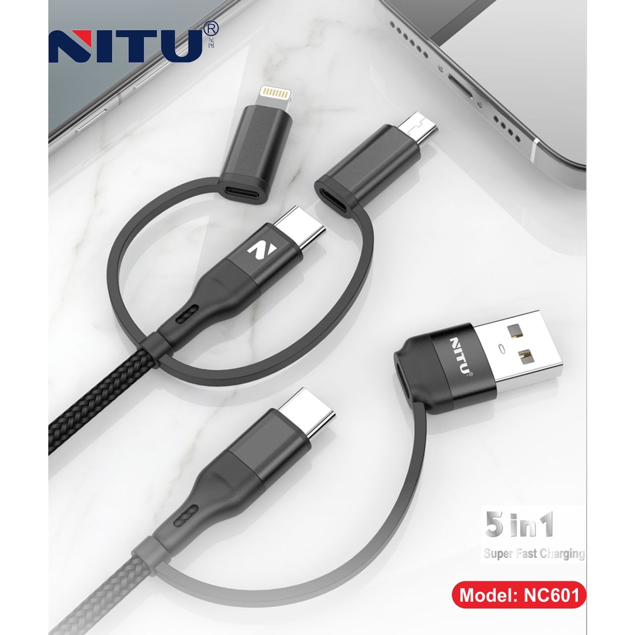 کابل 5 سر 5in1 سوپر فست شارژ نیتو NITU NC601 طول 1.2 متر 60 وات