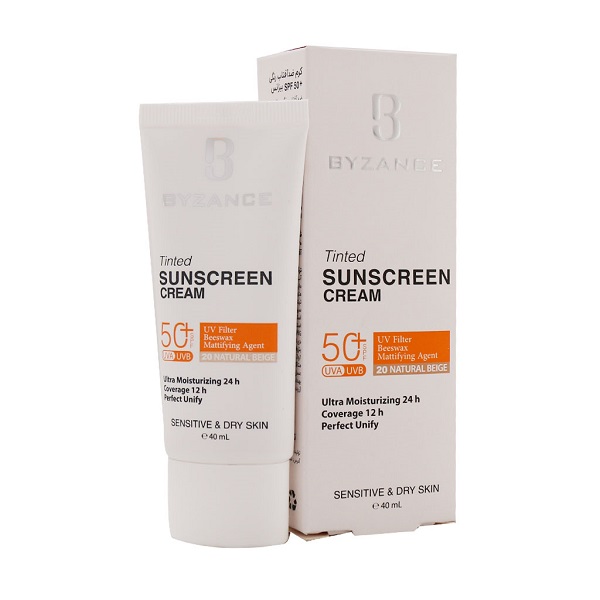 کرم ضد آفتاب رنگی بیزانس SPF50 شماره 20 بژ طبیعی مناسب پوست خشک و حساس حجم 40 میل