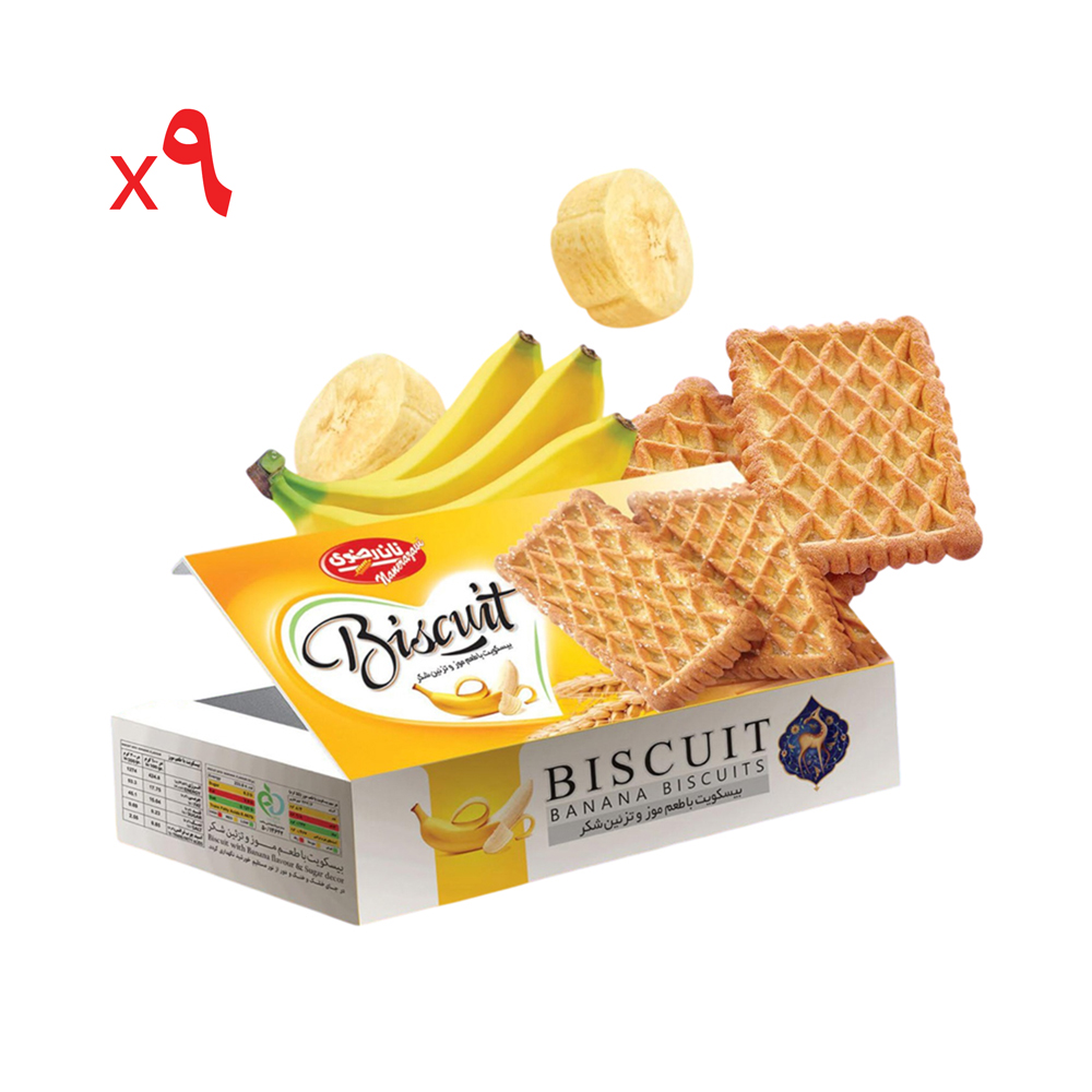 بیسکویت پذیرایی با طعم موز نان رضوی 520 گرم - کارتن 9 عددی