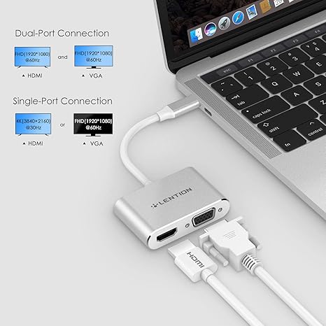 هاب مبدل usb c لنشن به HDMI / VGA 2 in 1 مدل Lention C51S HV سفید