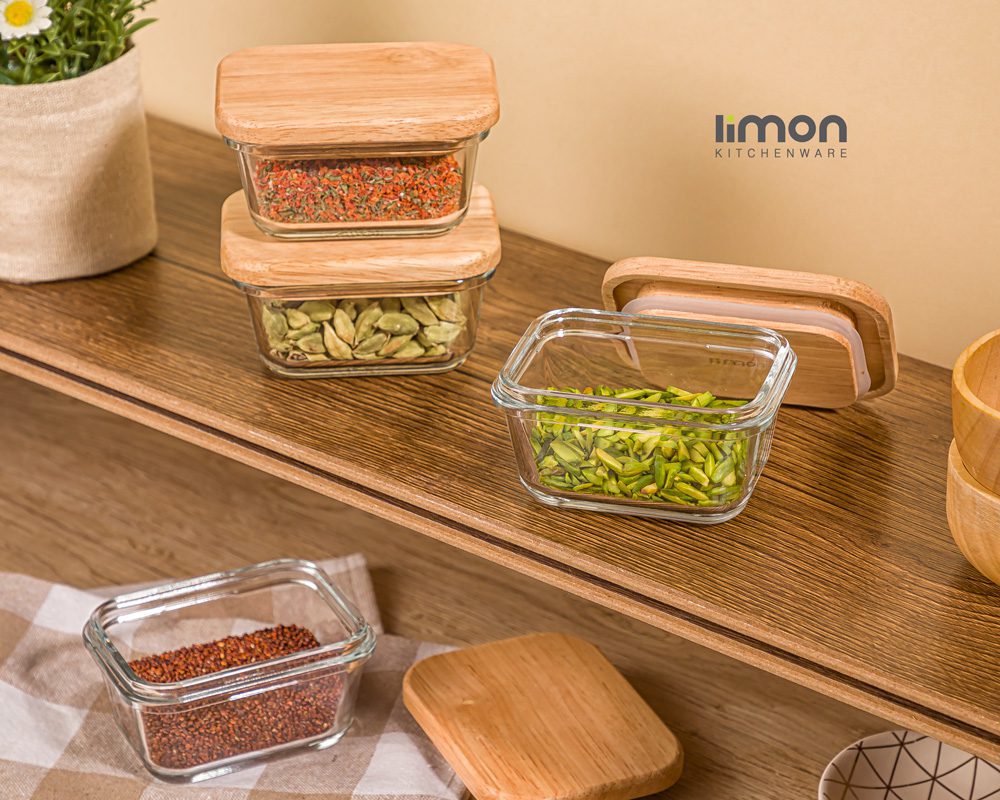 ظرف شیشه ای 180 میلی لیتر در چوبی لیمون کد 2187