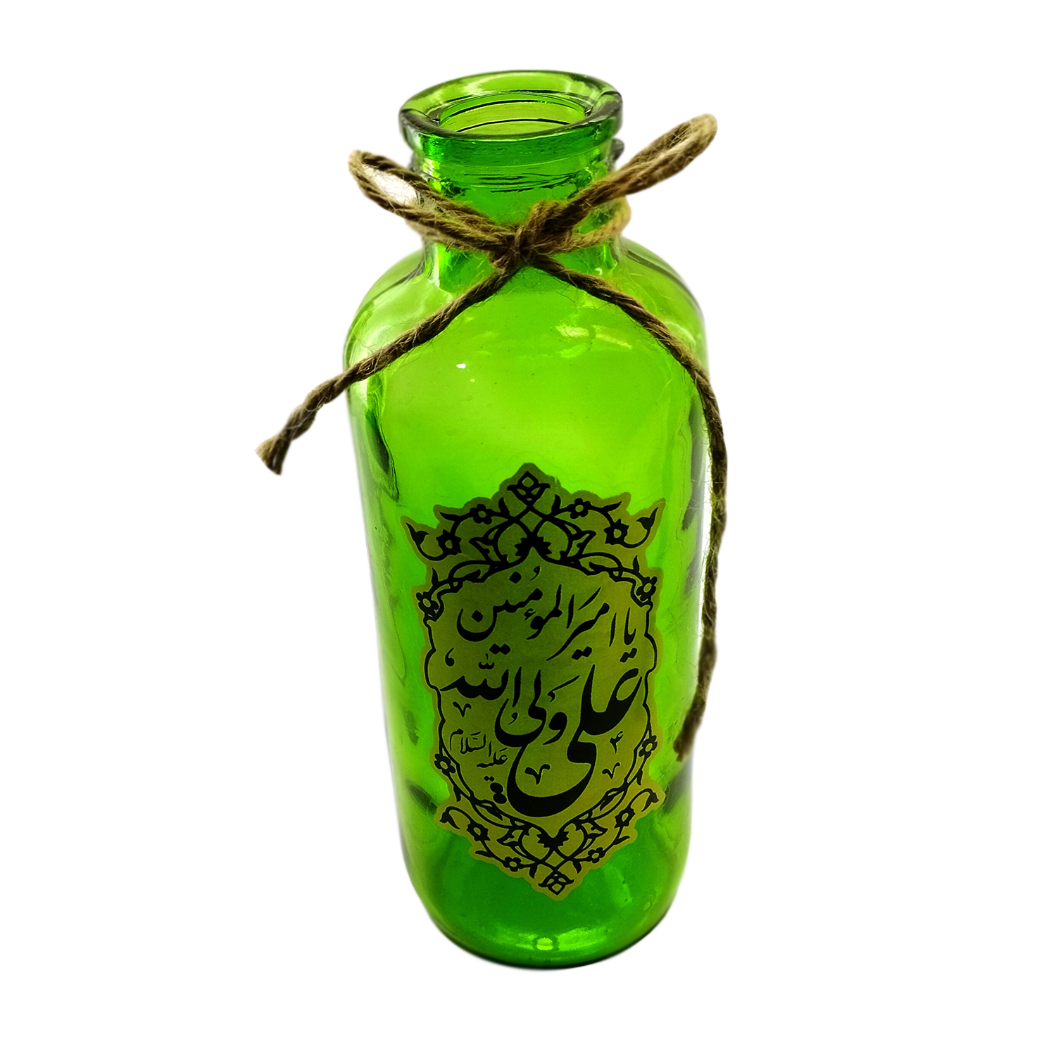 گلدان شیشه ای استوانه ای مذهبی سبز یا علی ولی الله ع قطر6 ارتفاع18 سانت مناسب عید غدیر و میلاد حضرت علی ع کد 103463