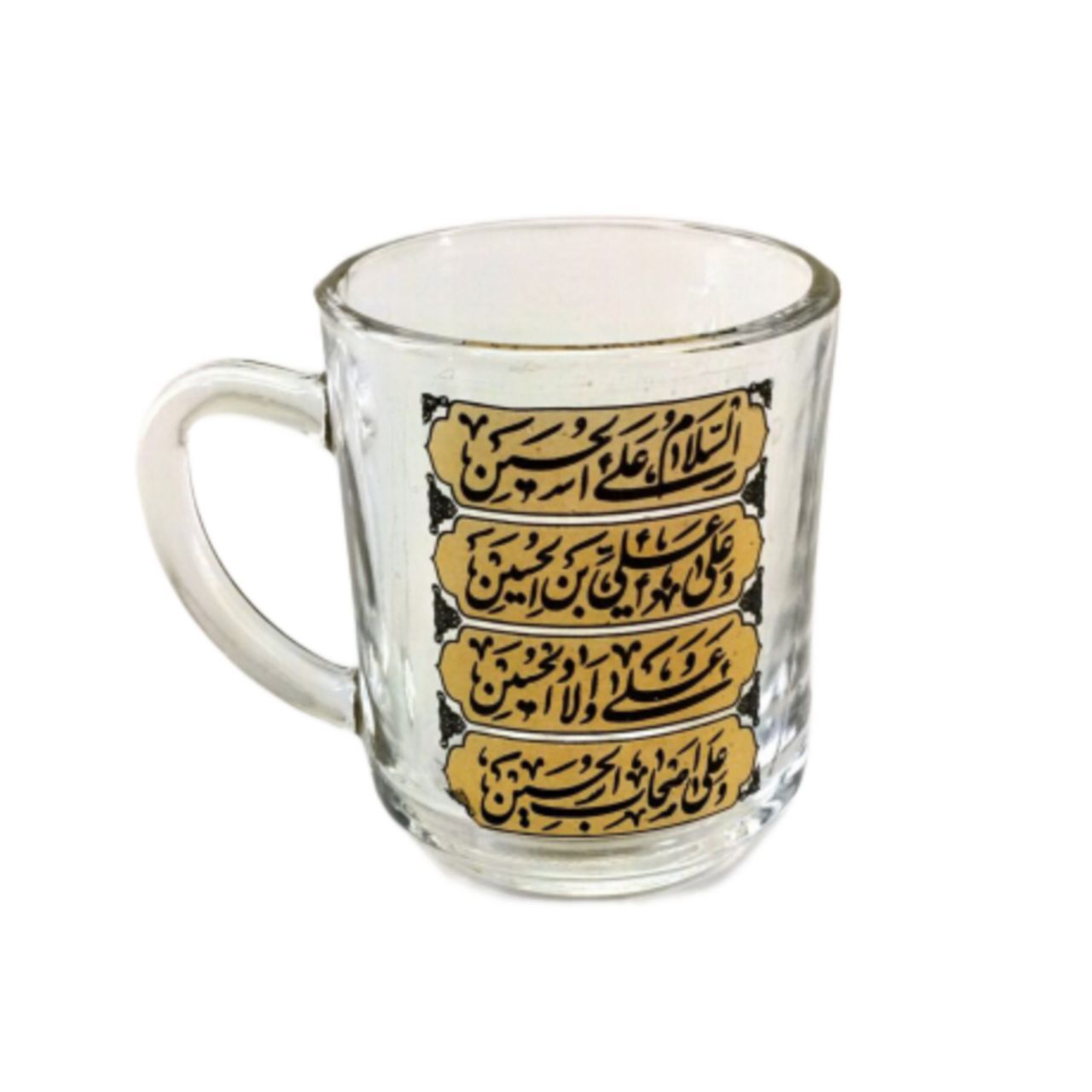 103487-نیم لیوان یا استکان مذهبی هیئتی دسته دار استوانه ای مدل چهار سلام کتیبه ای-6تایی