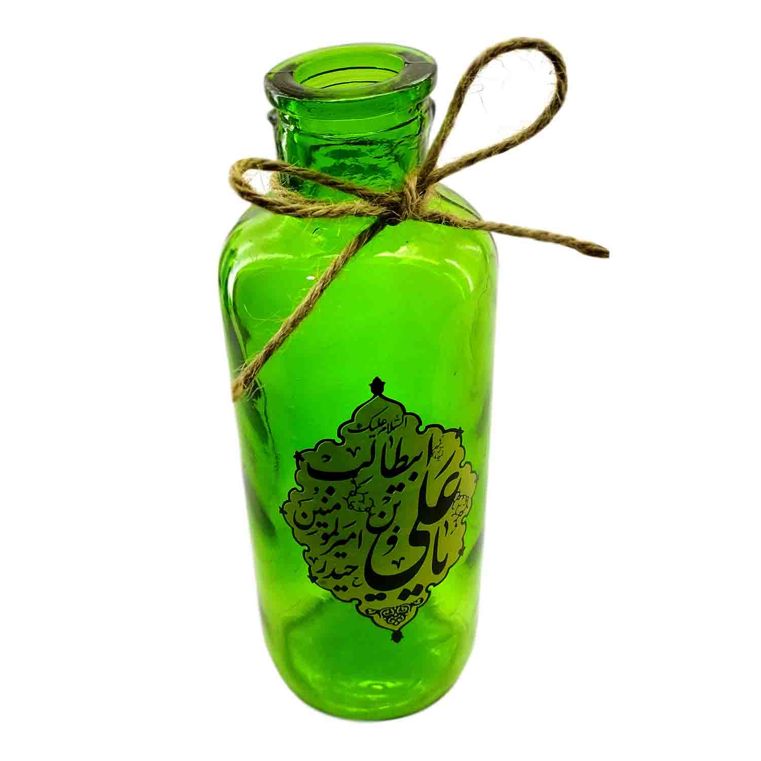گلدان شیشه ای استوانه ای مذهبی سبز یا علی بن ابیطالب ع حیدر امیرالمومنین قطر6 ارتفاع18 سانت مناسب عید غدیر و میلاد حضرت