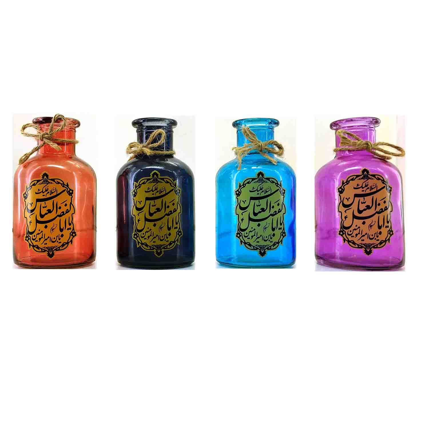 103743-گلدان شیشه ای استوانه ای مذهبی برلیان پایه کوتاه رنگی یا اباالفضل ع قطر7 ارتفاع12.5 سانت