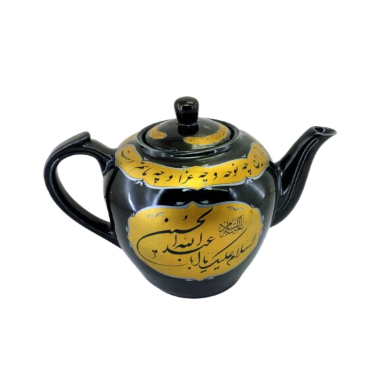 103553-قوری هیاتی 2.5 لیتری مشکی زمینه طلایی السلام علیک یا اباعبدالله الحسین ع با شعر محتشم