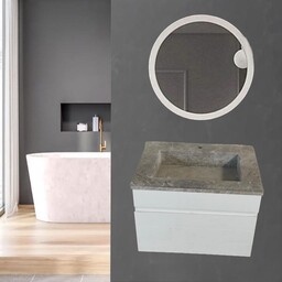 روشویی کابینتی دیواری سفید با سنگ شیبدار سیفون مخفی همراه آینه گرد (پس کرایه)