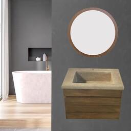 روشویی کابینتی طرح چوب دیواری با سنگ شیبدار سیفون مخفی همراه آینه گرد (پس کرایه)