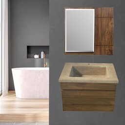 روشویی کابینتی طرح چوب دیواری با سنگ شیبدار سیفون مخفی همراه آینه باکس (پس کرایه)