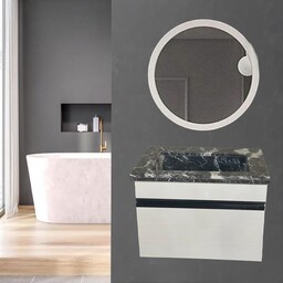 روشویی کابینتی سفید دیواری با سنگ مشکی شیبدار سیفون مخفی همراه آینه گرد(پس کرایه)