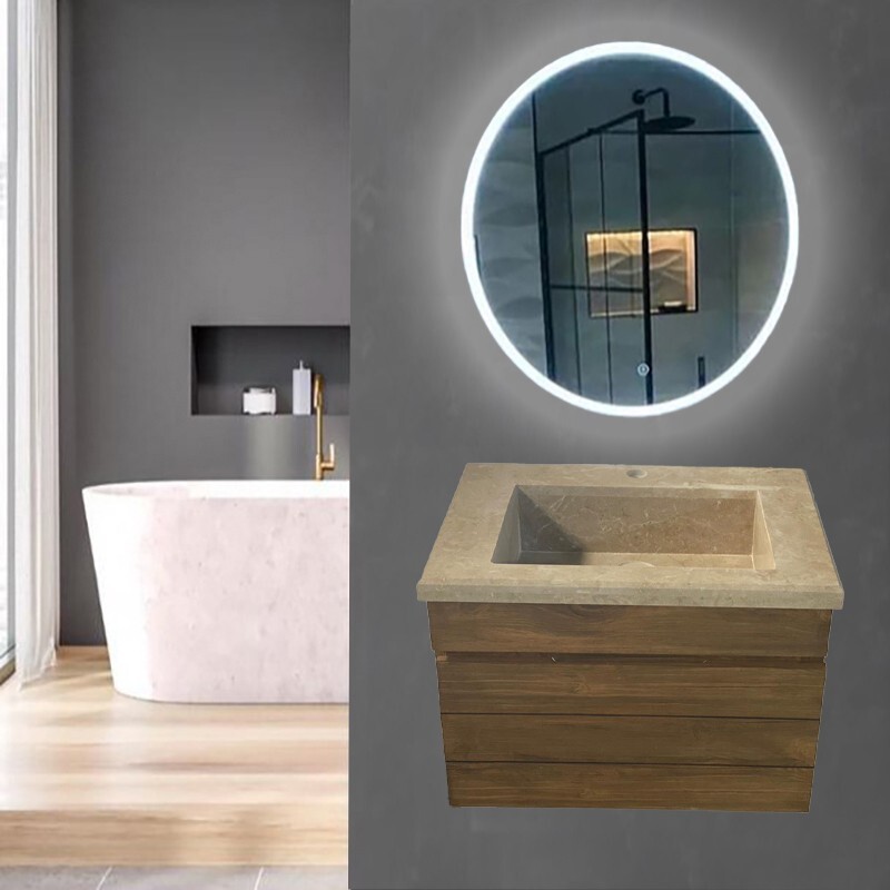 روشویی کابینتی طرح چوب دیواری با سنگ شیبدار سیفون مخفی همراه آینه بک لایت گرد (پس کرایه)