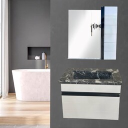 روشویی کابینتی سفید دیواری با سنگ مشکی شیبدار سیفون مخفی همراه آینه باکس (پس کرایه)