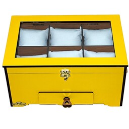 جعبه ساعت چوبی 6خانه کشودار درب لولایی زرد و کرمی و زرشکی مدل AG420