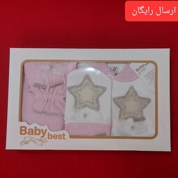 لباس نوزادی 5 تکه طرح تک ستاره صورتی سفید سایز 1 ، 2 و 3 ( با ارسال رایگان به سراسرکشور )