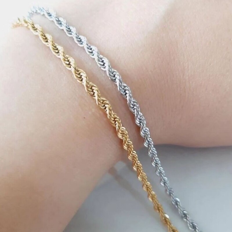 دستبند استیل طنابی زنانه شبیه طلا و طرح طلا آبکاری شده و ضد آب ضدحساسیت و رنگ ثابت 