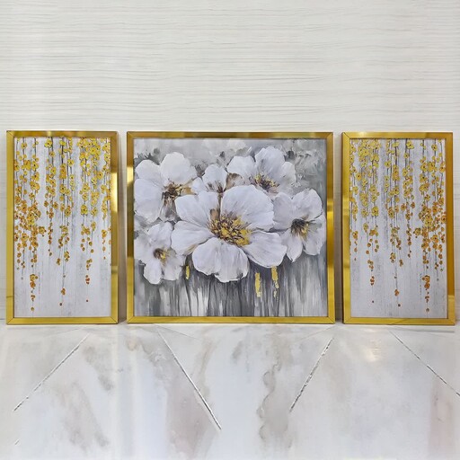 تابلو دکوراتیو سه تیکه سبک   نقاشی گل  با روکش مولتی استایل(تابلوهای سبک آینه ای)سایز 50در50 و دو عدد 30در50