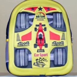 کیف مدرسه ای طرح ماشین مسابقه ای زرد تک زیپ قیمت مناسب پسرانه