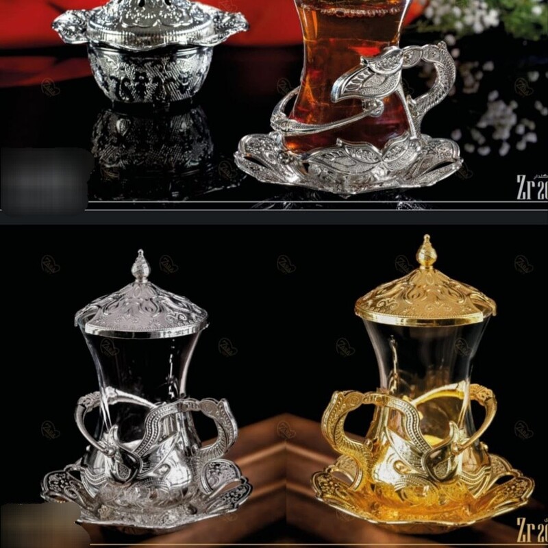 سرویس چای خوری زارا  6 عددی  اصل ترکیه با ضمانت  رنگ ثابت دورنگ طلایی و سیلور 