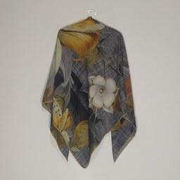 روسری نخی قواره بزرگ - با کیفیت عالی - گل و برگ - زرد و طوسی - کد (05)