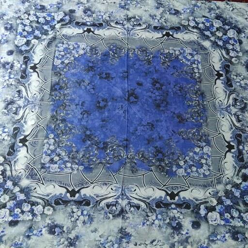 روسری نخی قواره بزرگ - با کیفیت عالی - طرح گل حاشیه - آبی - کد (23)