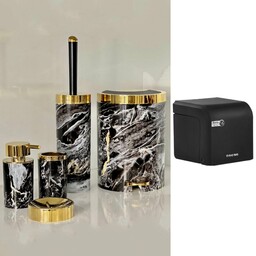 سرویس دستشویی شش پارچه مشکی طلایی بتیس مدل ماربل مشکی  با جادستمال مشکی ارسال رایگان