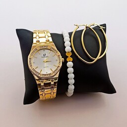 ست ساعت دستبند و گوشواره دخترانه زنانه. طلایی رنگ. رنگ ثابت. دستبند مهره ای. گوشواره استیل 