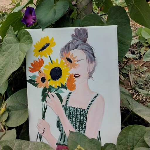 تابلو نقاشی دختر با گلهای آفتابگردان سایز تابلو 20 در 30 وزن 250 گرم