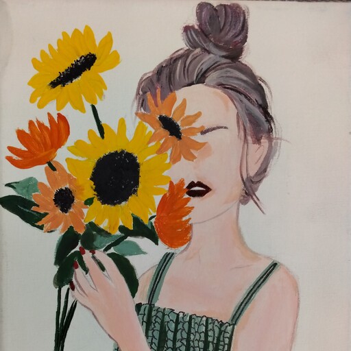 تابلو نقاشی دختر با گلهای آفتابگردان سایز تابلو 20 در 30 وزن 250 گرم