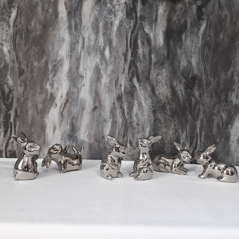 مجسمه ی شش تایی خرگوش نقره ایی از جنس چینی همراه آب کروم زیبا لوکس مناسب تزیین دکوری ساخت کشور چین