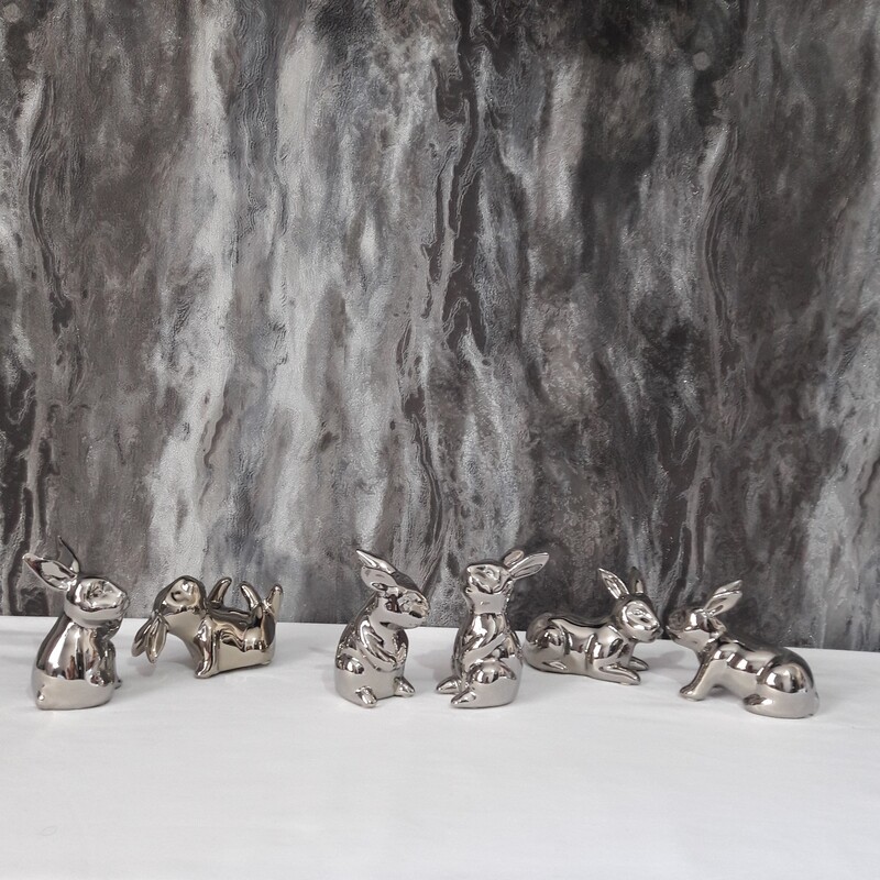 مجسمه ی شش تایی خرگوش نقره ایی از جنس چینی همراه آب کروم زیبا لوکس مناسب تزیین دکوری ساخت کشور چین