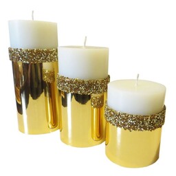 شمع ست سه عددی استوانه با تزئینات نگین سوارسکی طلایی گالری شمع نلسا