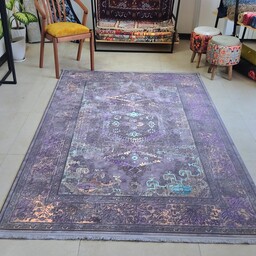 فرش تمام  ابریشم 1200 شانه سنتی پتینه طوسی فرش نئوکلاسیک بنفش سایز 1.5 در 2.25 (4متری)