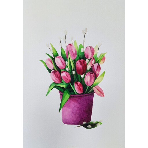 تابلو دکوری هنری نقاشی آبرنگ گل لاله با قاب سفید وشیشه