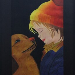 تابلو نقاشی مدادرنگی پسر کلاه دار و سگ